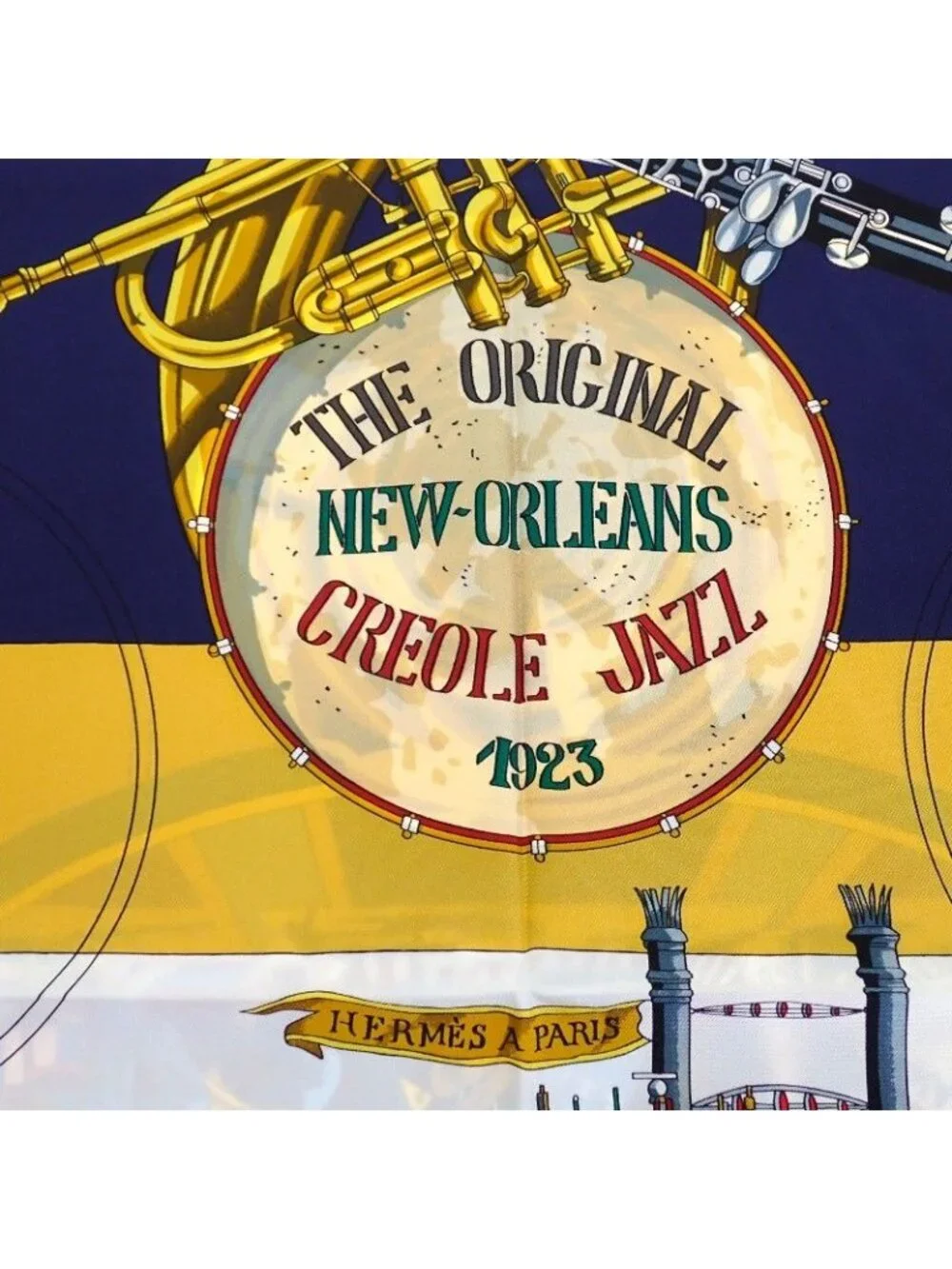 Hermes Carre 90 the Original New Orleans Creole Jazz Vintage Scarf Silk Navy
